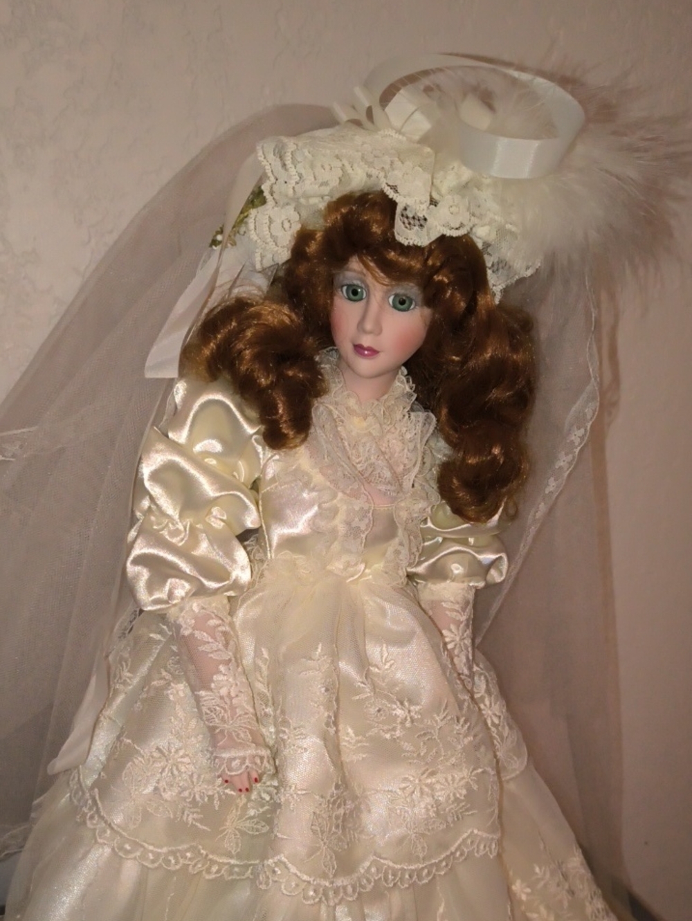 1988 Bradley's Porcelain Red Headed Victorian Bride Doll in Ivory Satin Gown 21"